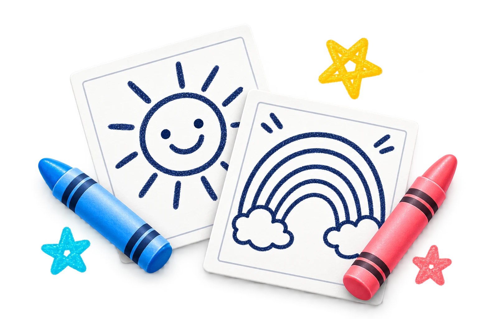 Sun and rainbow coloring sheets with blue and pink crayons