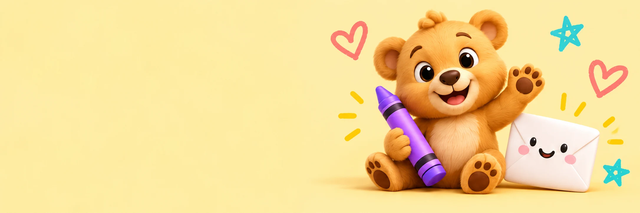 A waving bear cub with a purple crayon and a smiling envelope